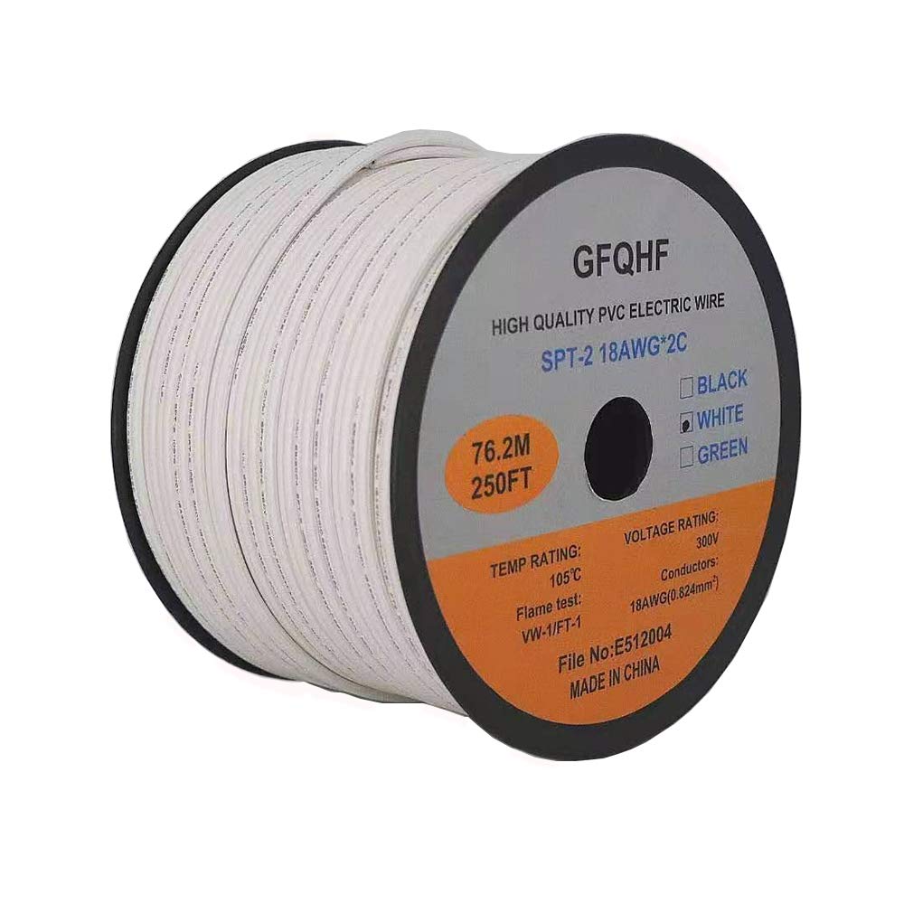 GFQHF 250FT White SPT-2 Zip Cord Wire 18/2 Extension Electrical Cable, UL Listed 18 Gauge Wire, Work with SPT-2 Vampire Plug