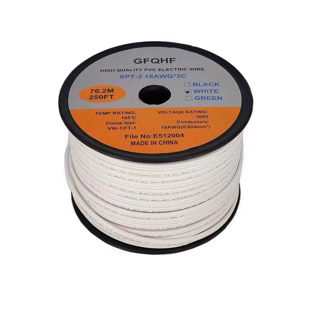 GFQHF 250FT White SPT-2 Zip Cord Wire 18/2 Extension Electrical Cable, UL Listed 18 Gauge Wire, Work with SPT-2 Vampire Plug