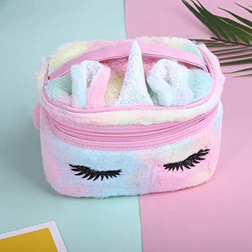 Newfancy Women Girls Kids Fluffy Faux Fur Unicorn Makeup Bag Small Cosmetic Organizer Plush Travel Storage Bags Toiletry Kit Case