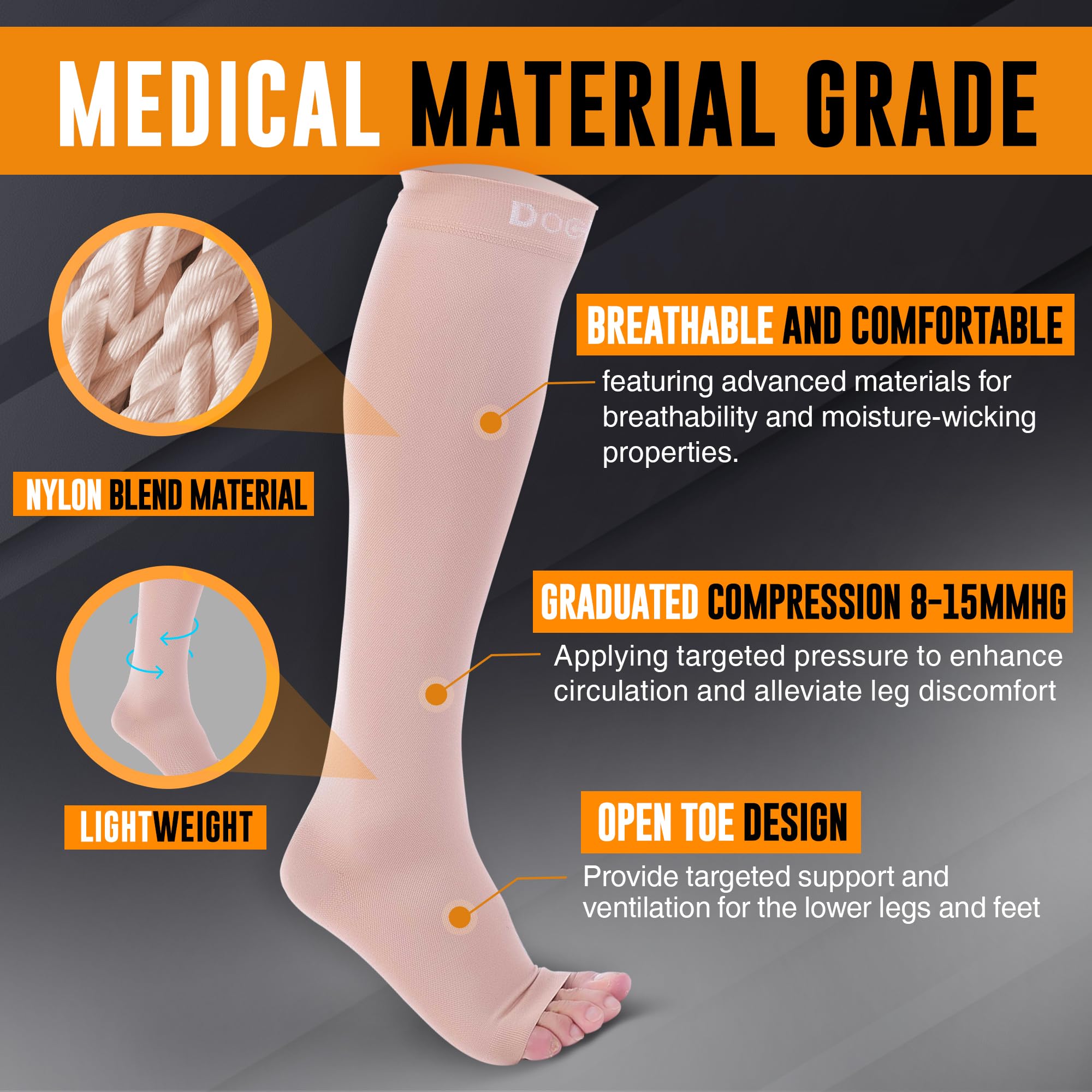 Doc Miller Open Toe Compression Socks for Women 8-15 mmHg Compression Socks for Men & Women Support Circulation, Shin Splints, Varicose Veins Recovery, 1 Pair of Knee High Socks Skin Color Large Size