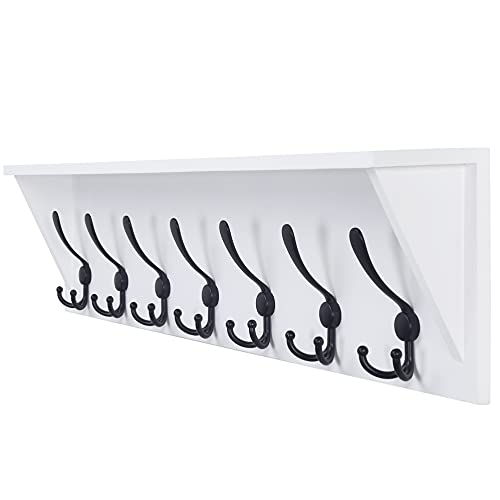 Dseap Coat Rack Wall Mounted Shelf with 7 Tri Hooks 35” Heavy Duty Wood Entryway Shelf with Hooks, Coat Hanger Shelf, White