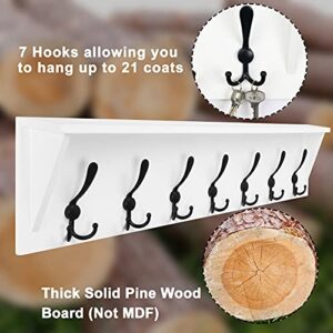 Dseap Coat Rack Wall Mounted Shelf with 7 Tri Hooks 35” Heavy Duty Wood Entryway Shelf with Hooks, Coat Hanger Shelf, White