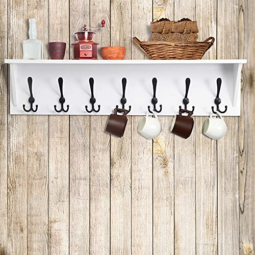 Dseap Coat Rack Wall Mounted Shelf with 7 Tri Hooks 35” Heavy Duty Wood Entryway Shelf with Hooks, Coat Hanger Shelf, White