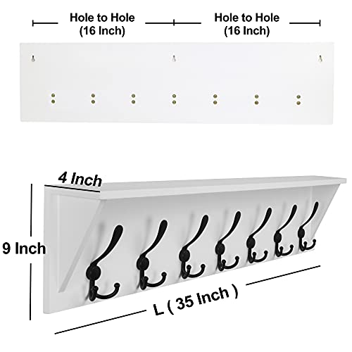 Dseap Coat Rack Wall Mounted Shelf with 7 Tri Hooks 35” Heavy Duty Wood Entryway Shelf with Hooks, Coat Hanger Shelf, White