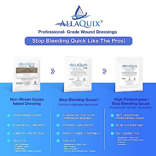 AllaQuix High Performance Stop Bleeding Gauze - Large (2"x2"Square) - (10-Pack) Professional-Grade First-Aid Hemostatic Gauze (Blood Clotting Bandage)