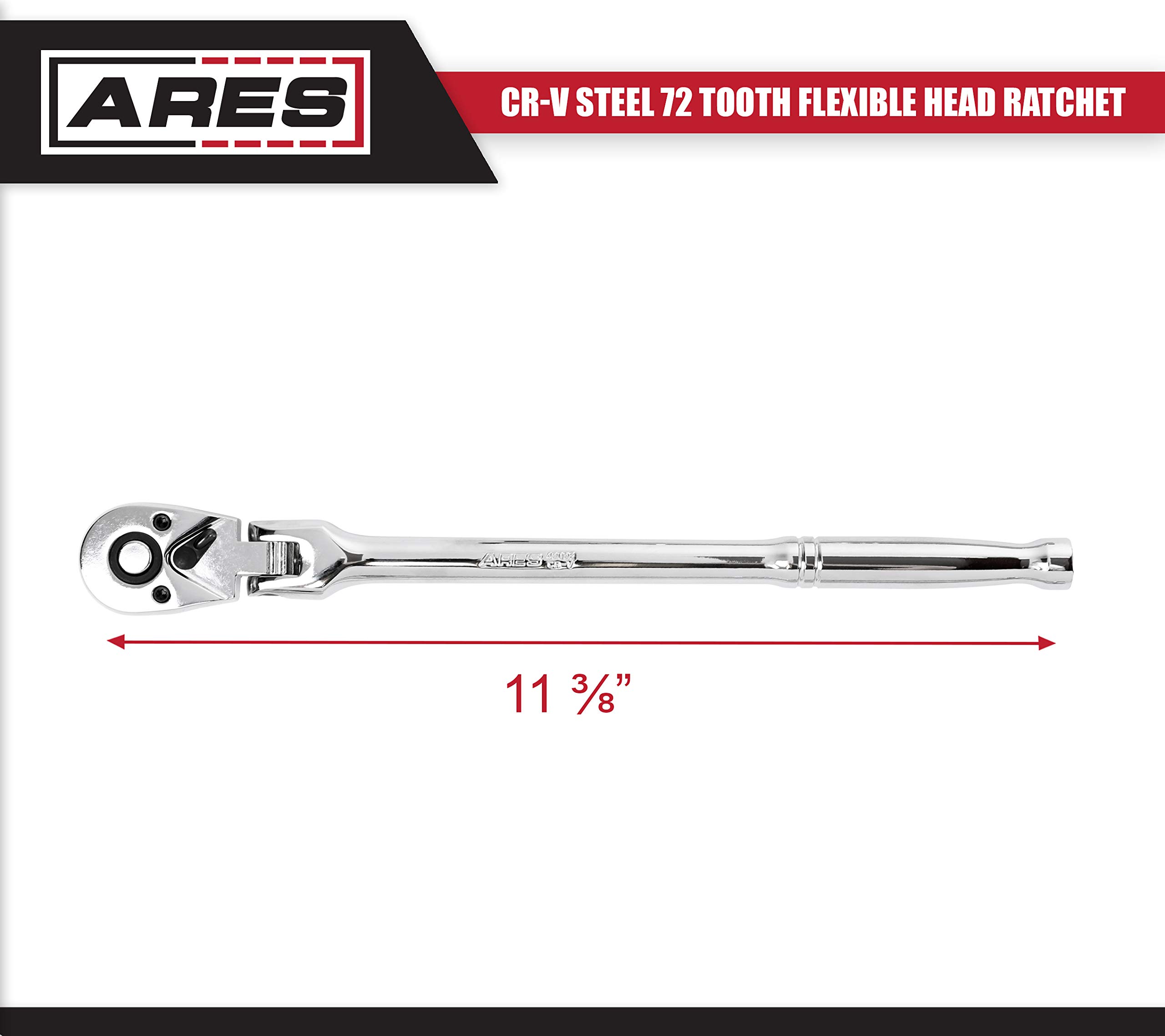 ARES 42026 - Flex Head Ratchet - 3/8-inch Drive 72-Tooth Ratchet - Premium Chrome Vanadium Steel Construction & Chrome Plated Finish - 72-Tooth Quick Release Reversible Design with 5 Degree Swing