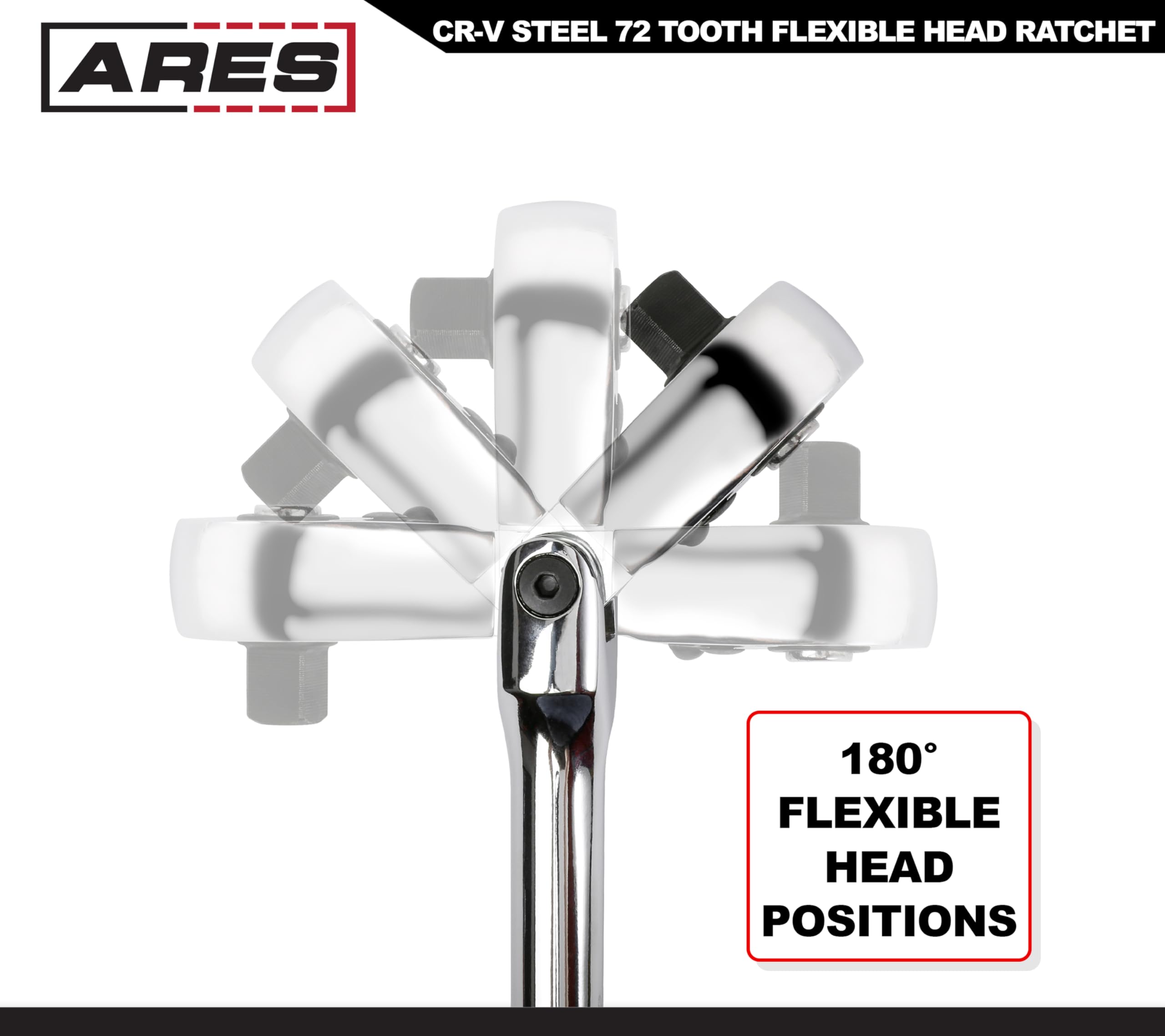 ARES 42026 - Flex Head Ratchet - 3/8-inch Drive 72-Tooth Ratchet - Premium Chrome Vanadium Steel Construction & Chrome Plated Finish - 72-Tooth Quick Release Reversible Design with 5 Degree Swing