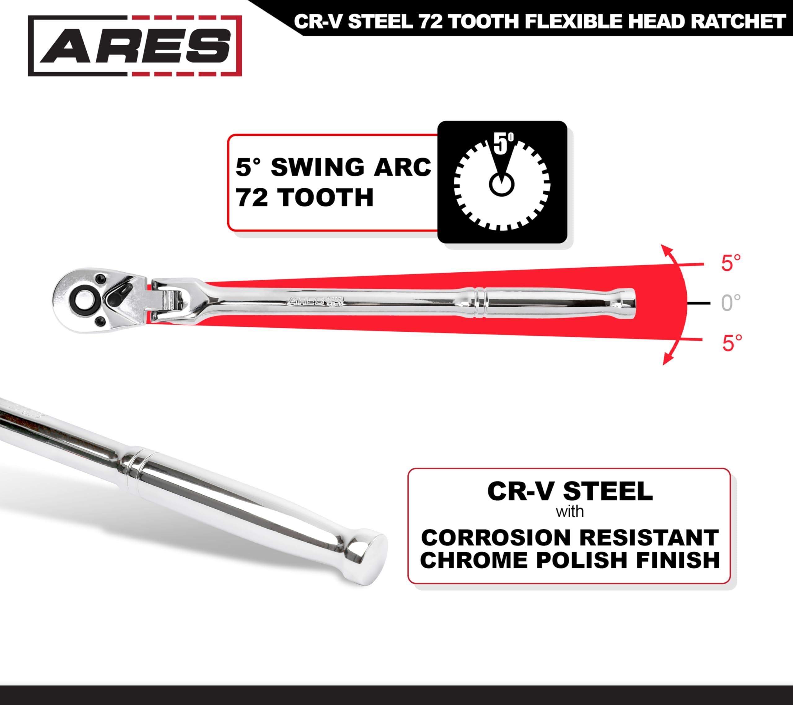 ARES 42026 - Flex Head Ratchet - 3/8-inch Drive 72-Tooth Ratchet - Premium Chrome Vanadium Steel Construction & Chrome Plated Finish - 72-Tooth Quick Release Reversible Design with 5 Degree Swing