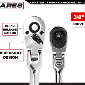 ARES 42026 - Flex Head Ratchet - 3/8-inch Drive 72-Tooth Ratchet - Premium Chrome Vanadium Steel Construction & Chrome Plated Finish - 72-Tooth Quick Release Reversible Design with 5 Degree Swing