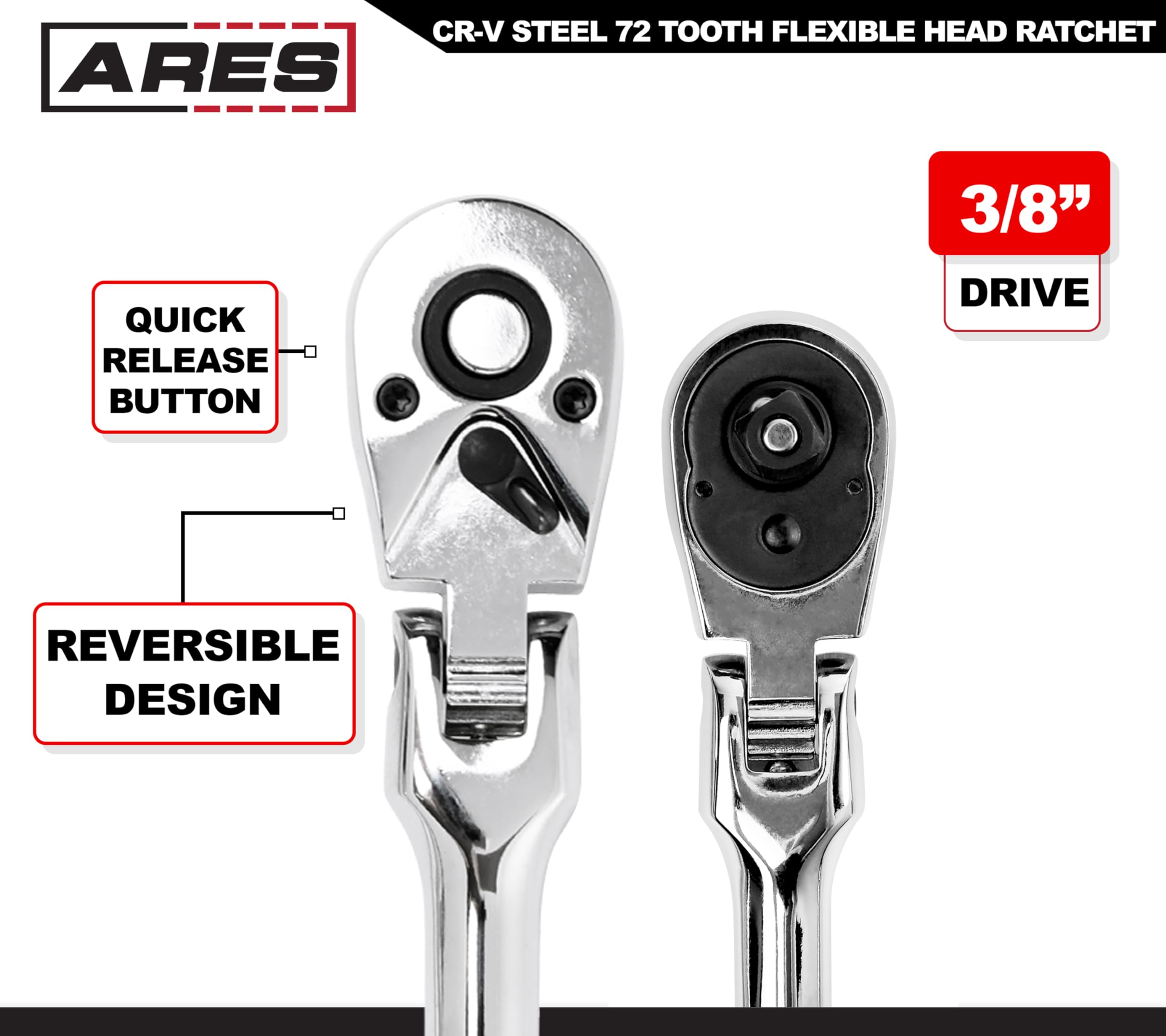 ARES 42026 - Flex Head Ratchet - 3/8-inch Drive 72-Tooth Ratchet - Premium Chrome Vanadium Steel Construction & Chrome Plated Finish - 72-Tooth Quick Release Reversible Design with 5 Degree Swing