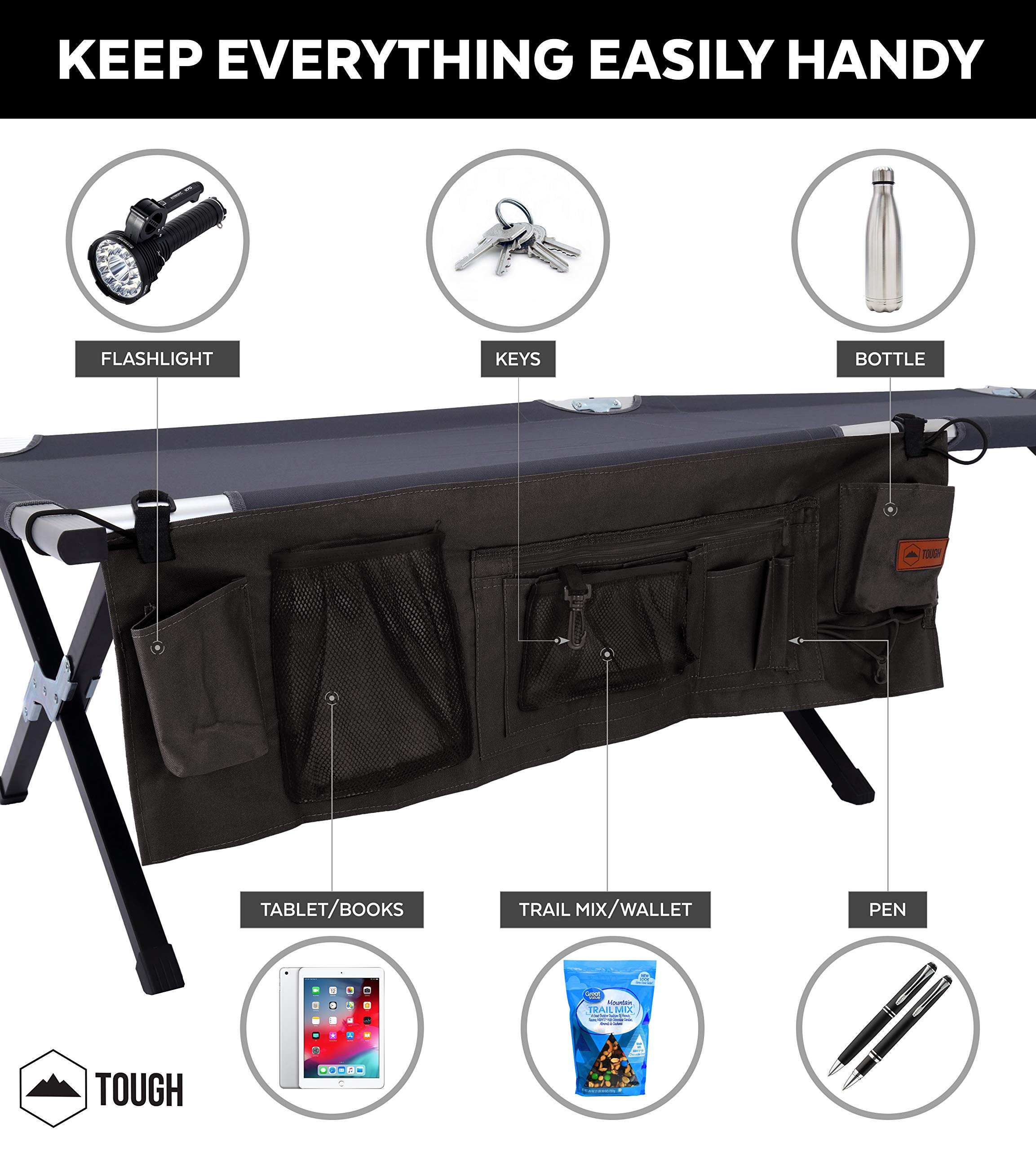 Tough Outdoors Camping Cot for Adults - Oversized Camping Cot - Durable Heavy Duty Military Bed - Elevated Foldable Cot & Camp Cots for Adults - XL Cot up to 300 lbs - w/Organizer & Storage Bag