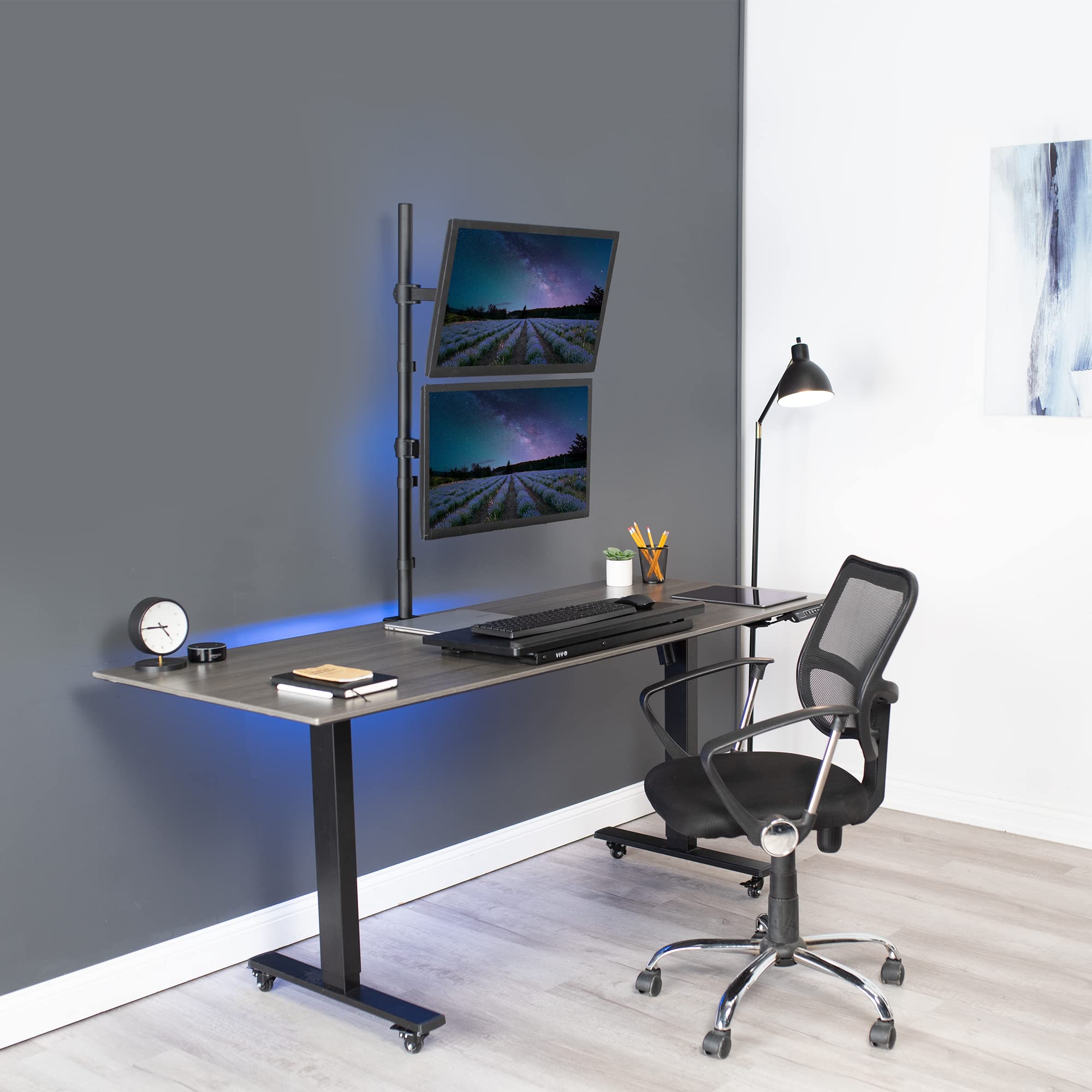 VIVO Extra Tall Vertically Stacked Dual Monitor Desk Mount Stand with 99 cm Stand-up Pole, Fully Adjustable Extended Arms, Fits 2 Screens up to 27 inches, STAND-V012T