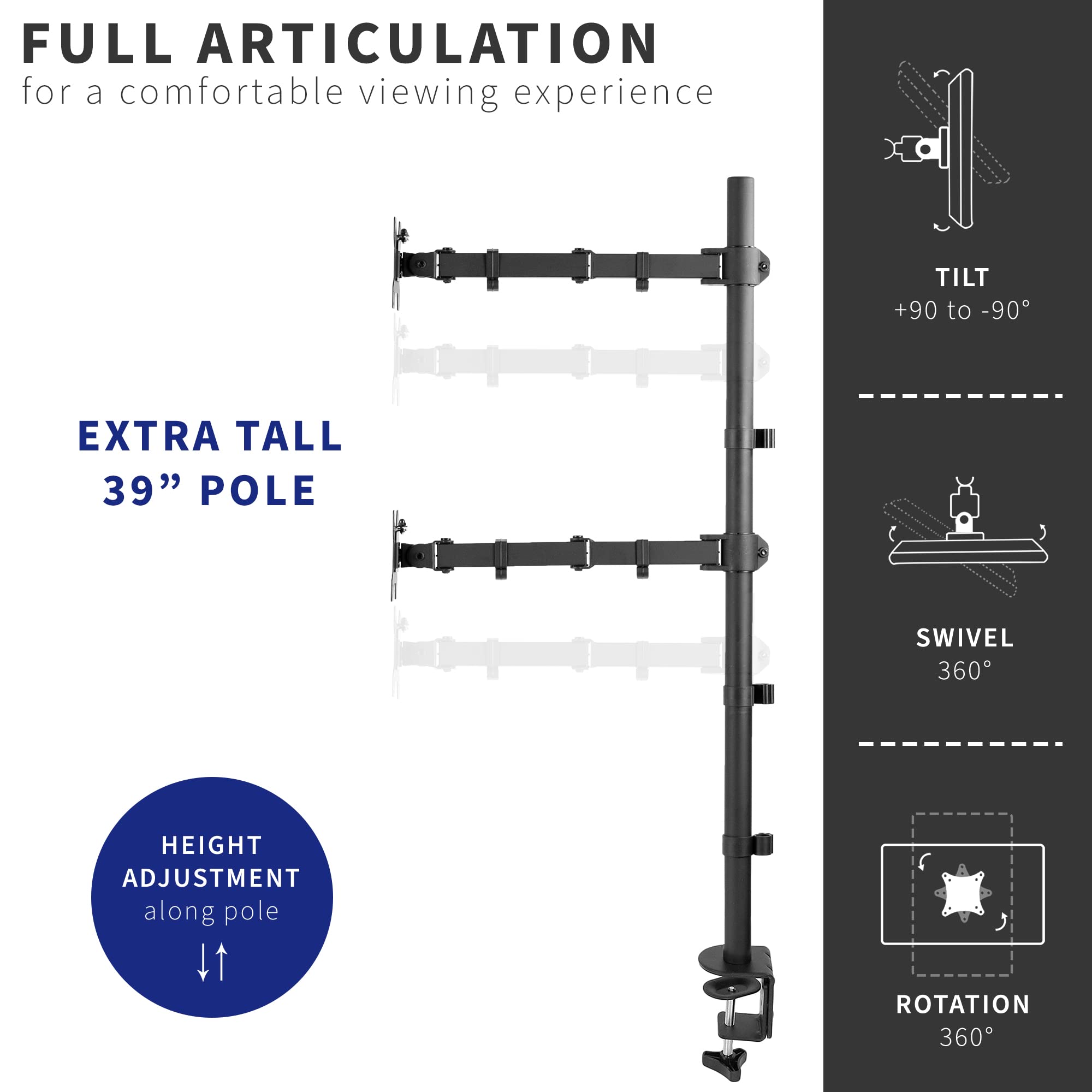 VIVO Extra Tall Vertically Stacked Dual Monitor Desk Mount Stand with 99 cm Stand-up Pole, Fully Adjustable Extended Arms, Fits 2 Screens up to 27 inches, STAND-V012T