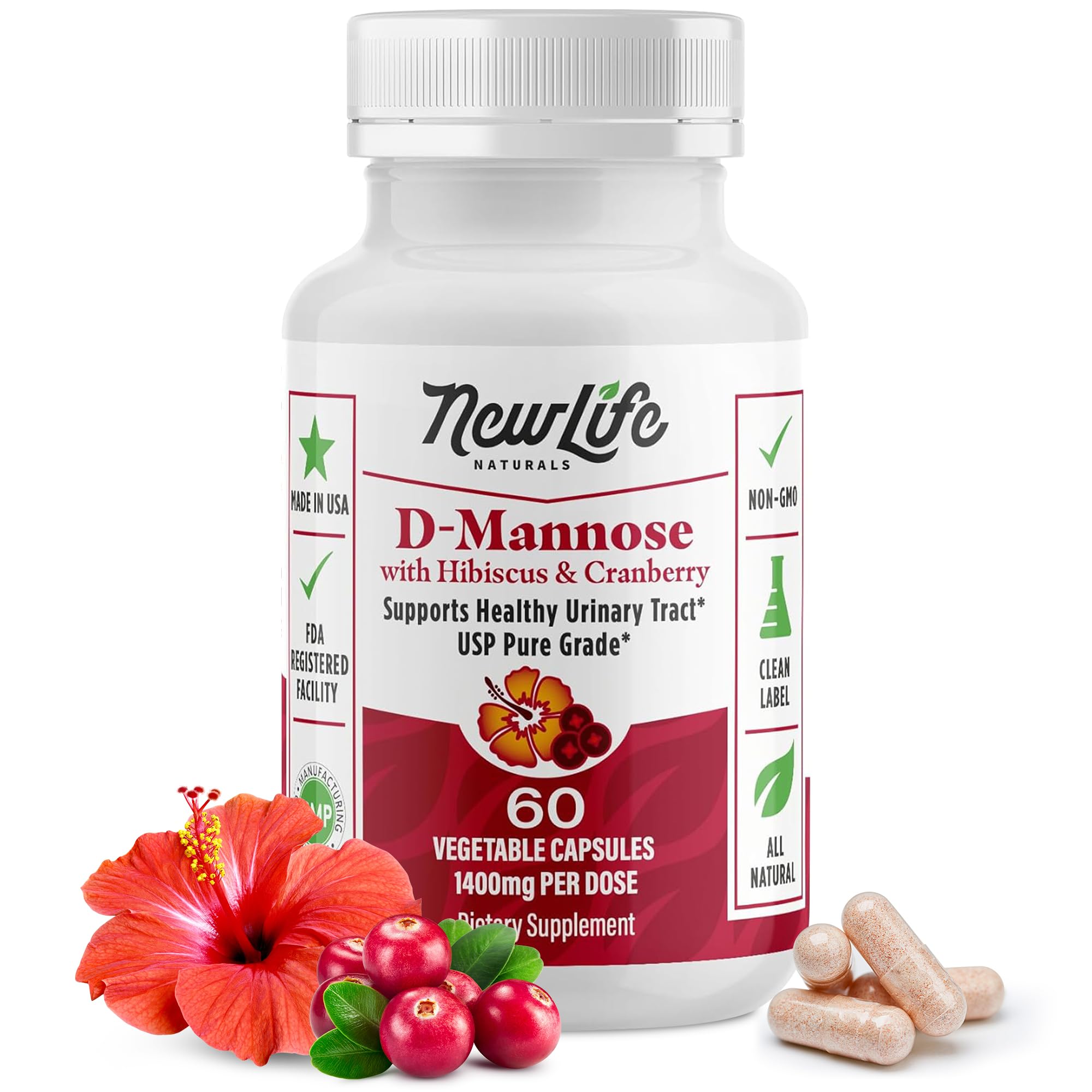 NewLife Naturals D-Mannose Capsules | w/Cranberry and Hibiscus Extracts | Natural Urinary Tract Health Supplement | 1400mg Pure Veggie Powder | 60 Veggie Capsules