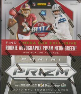 2019 panini prizm football factory sealed mega box with 10 packs (4 cards per pack) look 1 neon green rookie autograph auto per box on average (that is not a guarantee). chase drew lock and kyler murray autos