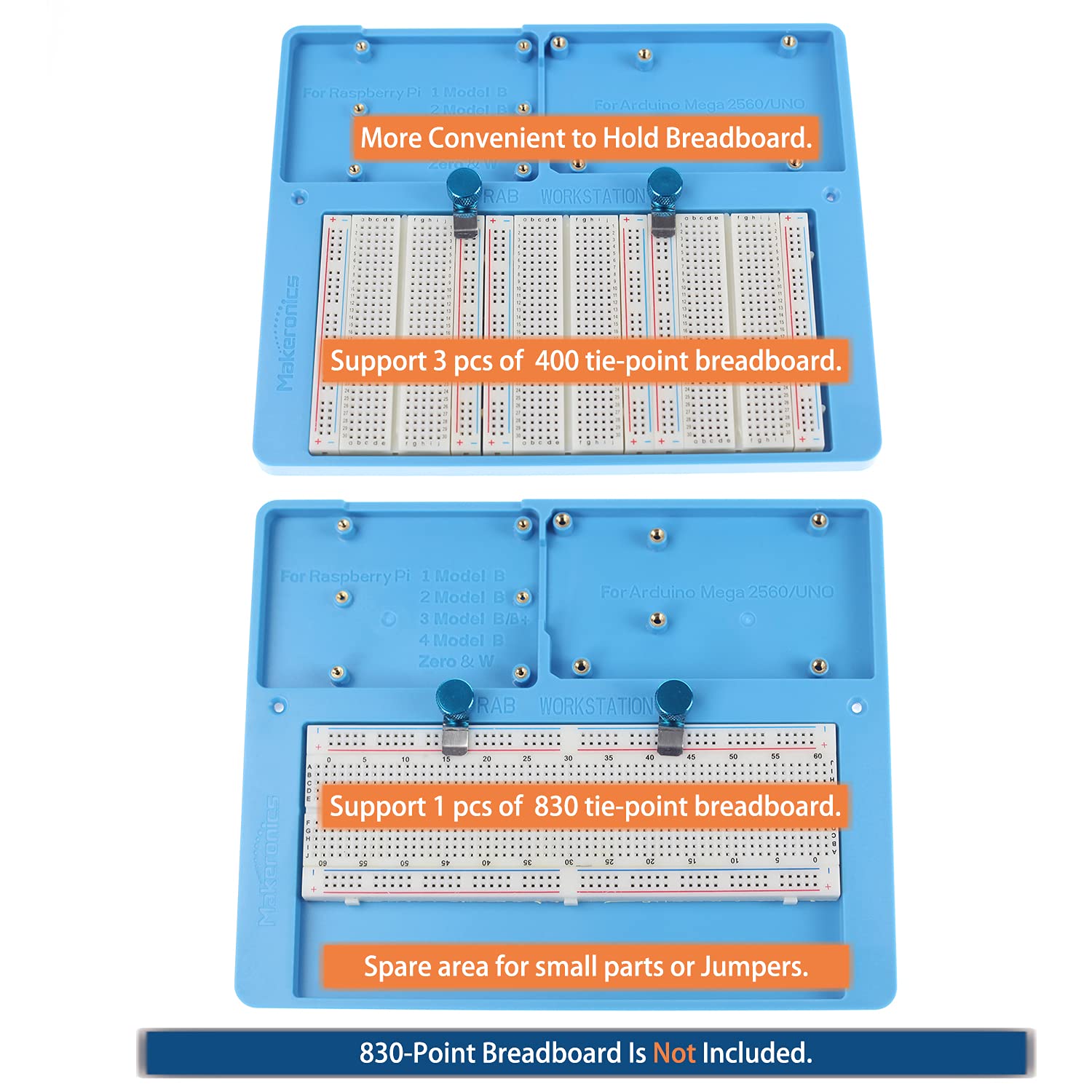 Makeronics 7 in 1 Blue RAB Holder and 3PCS 400 Points Solderless Breadboard | Base Plate with Rubber Feet for Raspberry Pi 4 Model B|3B+/B|2B+/B|Zero |Zero W and Arduino Mega 2560 | Uno R3