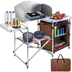 vevor camping kitchen table, aluminum portable folding camp cook station with windscreen, cupboard, storage organizer, carrying bag, quick installation for outdoor picnic beach bbq rv traveling, brown