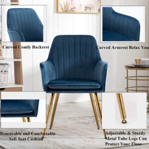 Artechworks Velvet Modern Living Dining Room Arm Chair for Home Office Club Leisure Guest Lounge Bedroom Upholstered with Gold Metal Legs, Blue, 1pcs Chair