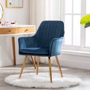 Artechworks Velvet Modern Living Dining Room Arm Chair for Home Office Club Leisure Guest Lounge Bedroom Upholstered with Gold Metal Legs, Blue, 1pcs Chair