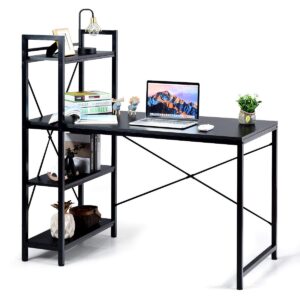 tangkula computer desk with 4 tier shelves, study writing table with storage bookshelves, modern compact home office workstation, 47.5" tower pc with steel frame & adjustable feet pad