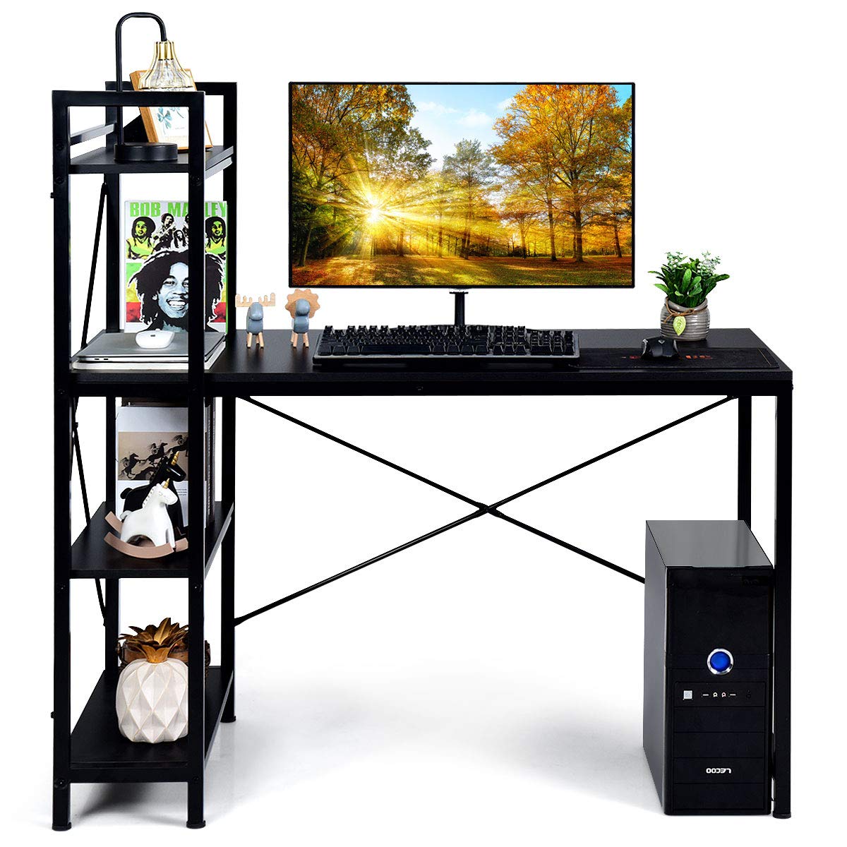 Tangkula Computer Desk with 4 Tier Shelves, Study Writing Table with Storage Bookshelves, Modern Compact Home Office Workstation, 47.5" Tower PC with Steel Frame & Adjustable Feet Pad