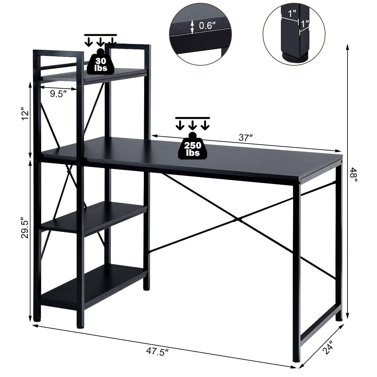 Tangkula Computer Desk with 4 Tier Shelves, Study Writing Table with Storage Bookshelves, Modern Compact Home Office Workstation, 47.5" Tower PC with Steel Frame & Adjustable Feet Pad