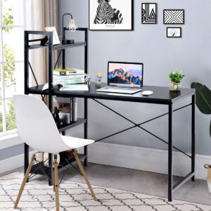 Tangkula Computer Desk with 4 Tier Shelves, Study Writing Table with Storage Bookshelves, Modern Compact Home Office Workstation, 47.5" Tower PC with Steel Frame & Adjustable Feet Pad