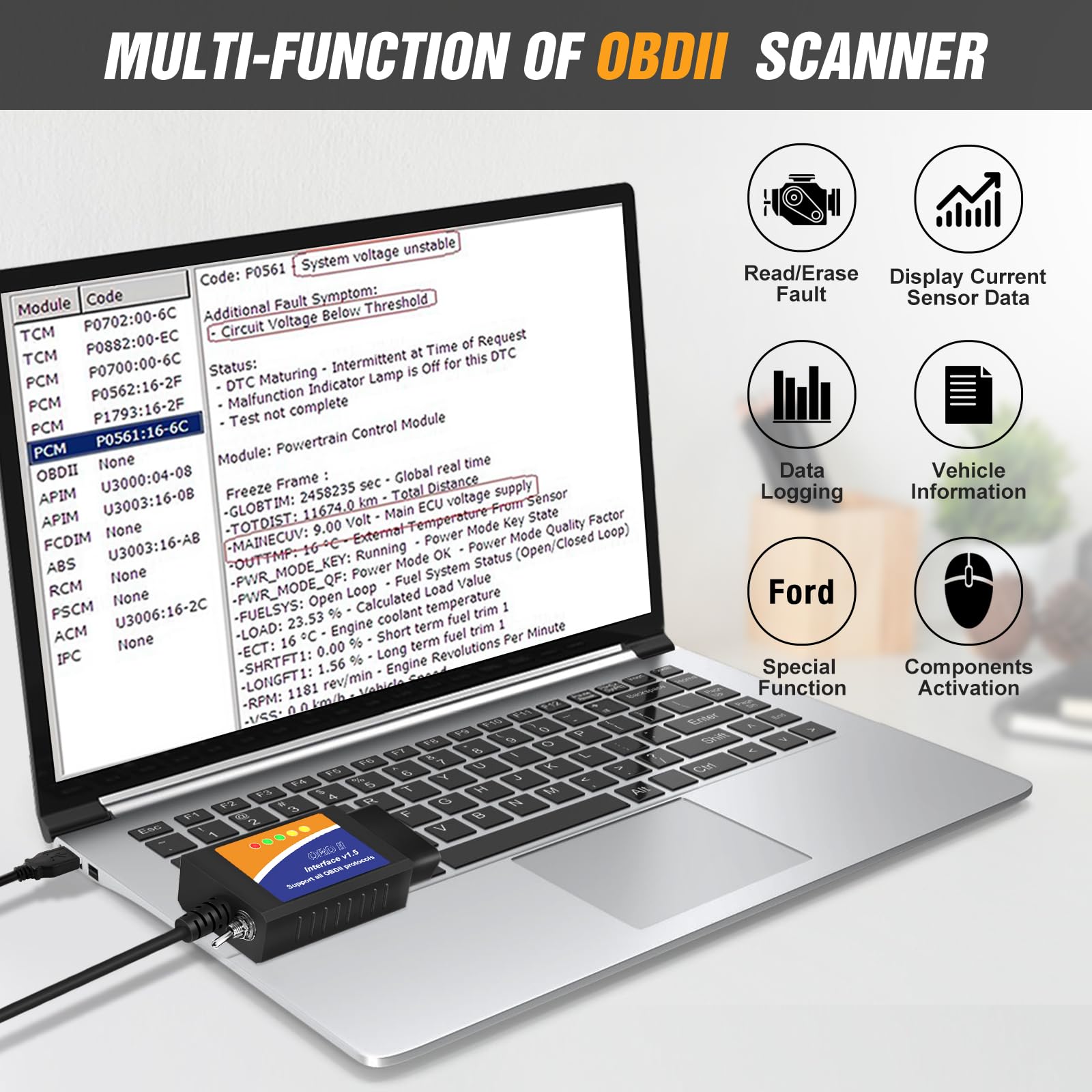 OBDMONSTER ELM327 OBD2 USB Adapter for Windows, ELMconfig Scanner with MS CAN/HS CAN Switch for F150 F250 Car and Light Truck Check Engine Light, Diagnosis on Windows with V1.5 Chip