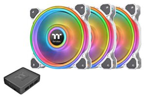 thermaltake riing quad 120mm 16.8 million rgb color (alexa, razer chroma) software enabled 4 light rings 54 addressable led 9 blades hydraulic bearing white case/radiator fan, 3 pack, cl-f100-pl12sw-b