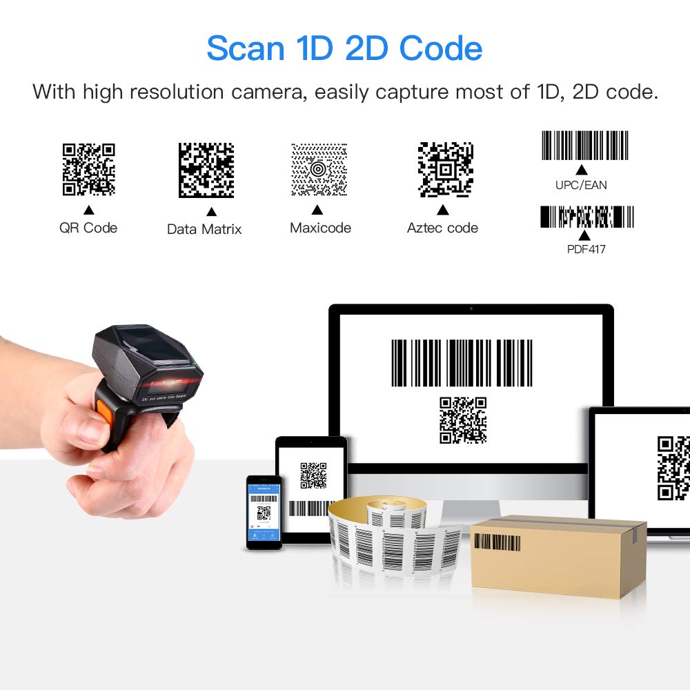 Eyoyo 2D Finger Ring Barcode Scanner, Mini Wearable 3-in-1 USB Wired & 2.4G Wireless & Bluetooth Scanner, Image 1D QR Bar Code Reader PDF417 Data Matrix Screen Scan for iPad, Smartphone, PC