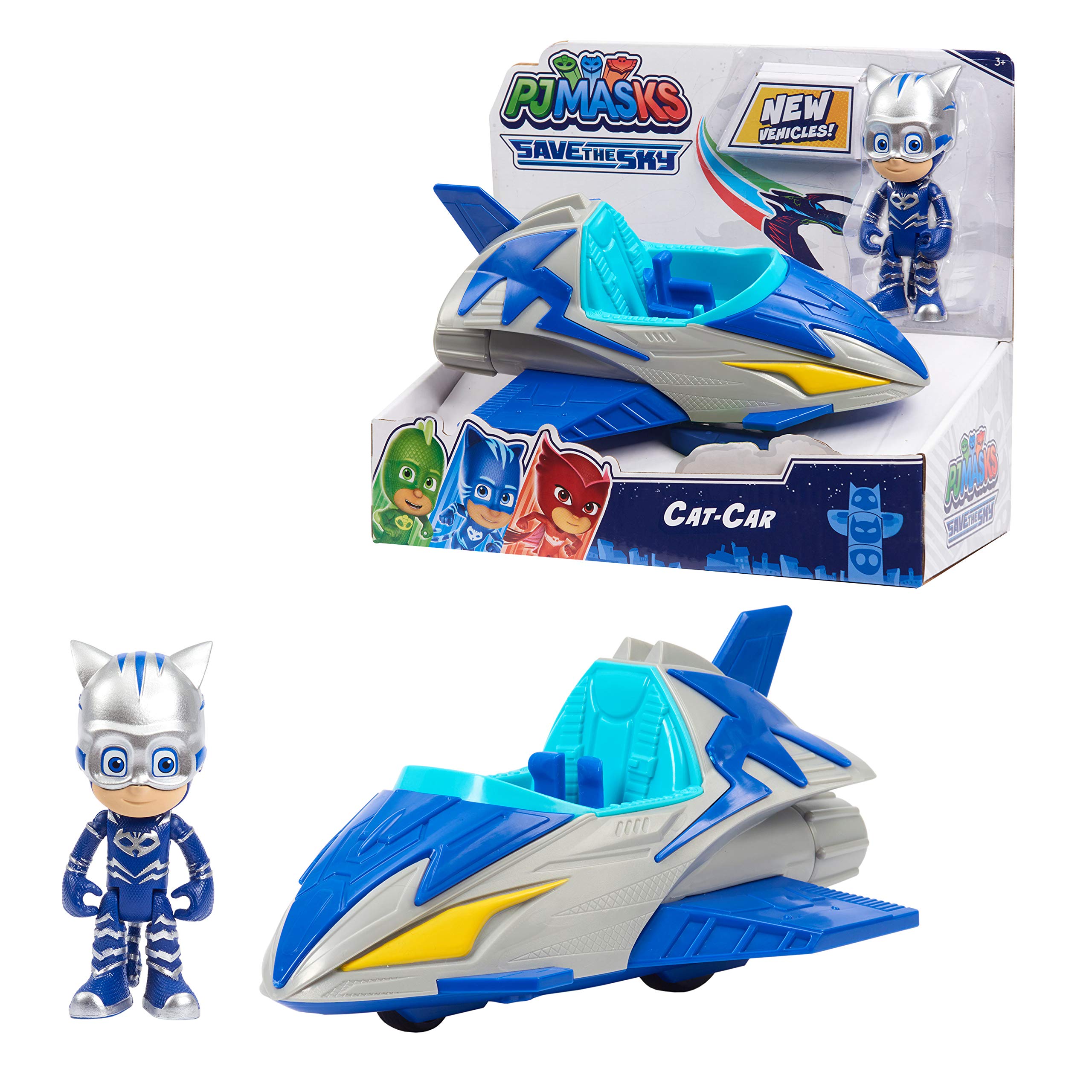 PJ Masks Save the Sky Cat-Car, Cat-Boy Figure and Vehicle, Blue, Kids Toys for Ages 3 Up by Just Play