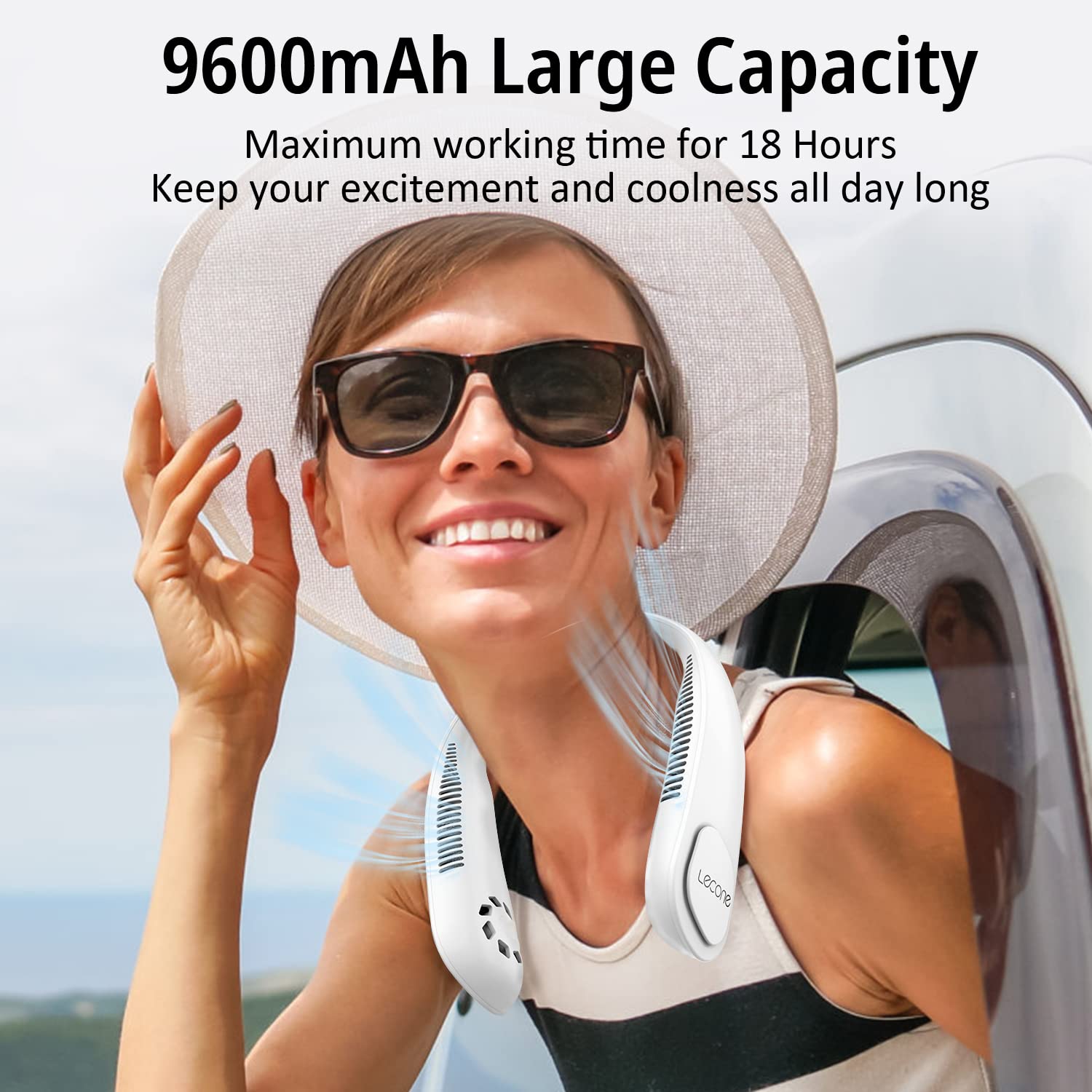 Lecone Large Capacity Portable Neck Fan, 9600mAh Rechargeable Bladeless Neck Fan Wearable Hands Free Personal Cooling Neck Fan Air Conditioner for Men and Women Outdoor Sports Travel Office