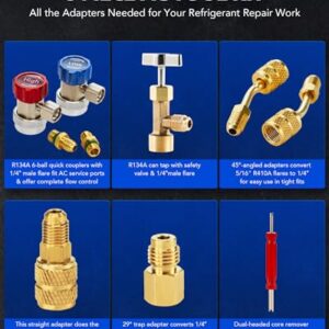 Orion Motor Tech AC Adapter Tool Kit, 8-Piece AC Gauge Hose Conversion Adapters Including R134A Can Tap, R134A Quick Couplers, R410 Adapters, Tank Adapter and Valve Core Remover