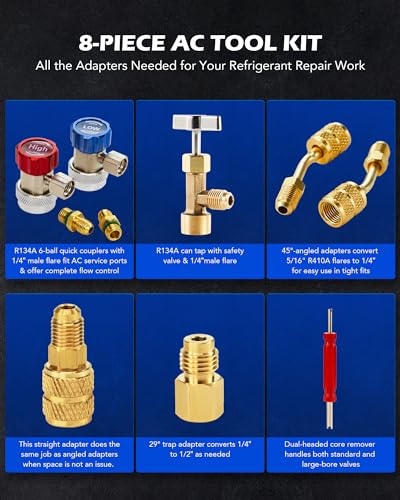 Orion Motor Tech AC Adapter Tool Kit, 8-Piece AC Gauge Hose Conversion Adapters Including R134A Can Tap, R134A Quick Couplers, R410 Adapters, Tank Adapter and Valve Core Remover