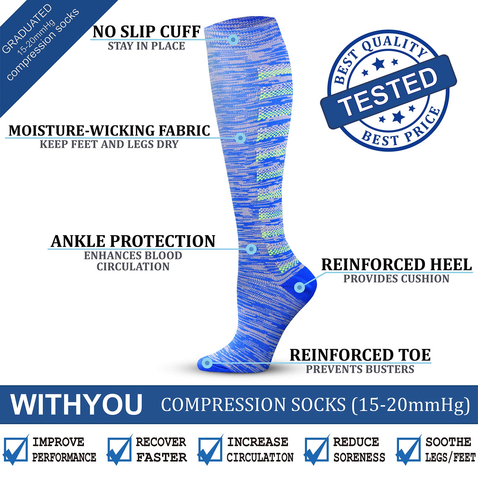 WITHYOU Compression Socks 15-20 mmHg is Best Athletic for Men & Women Running Flight Travel Pregnant