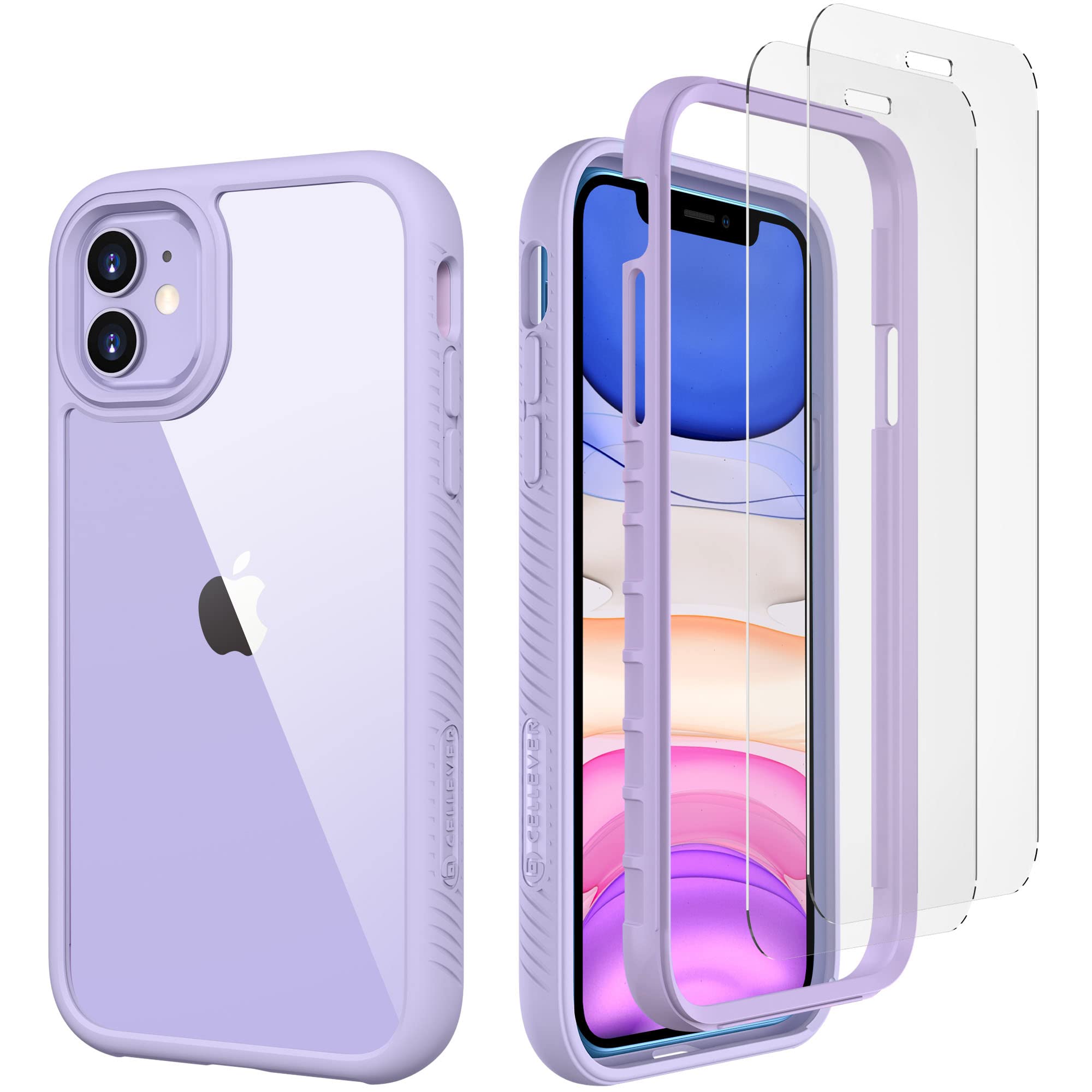 CellEver Clear Full Body Case for iPhone 11, Heavy Duty Protection with Anti-Slip TPU Bumper and [2 Tempered 9H Glass Screen Protectors] Shockproof Transparent Phone Cover 6.1 Inch (Light Purple)