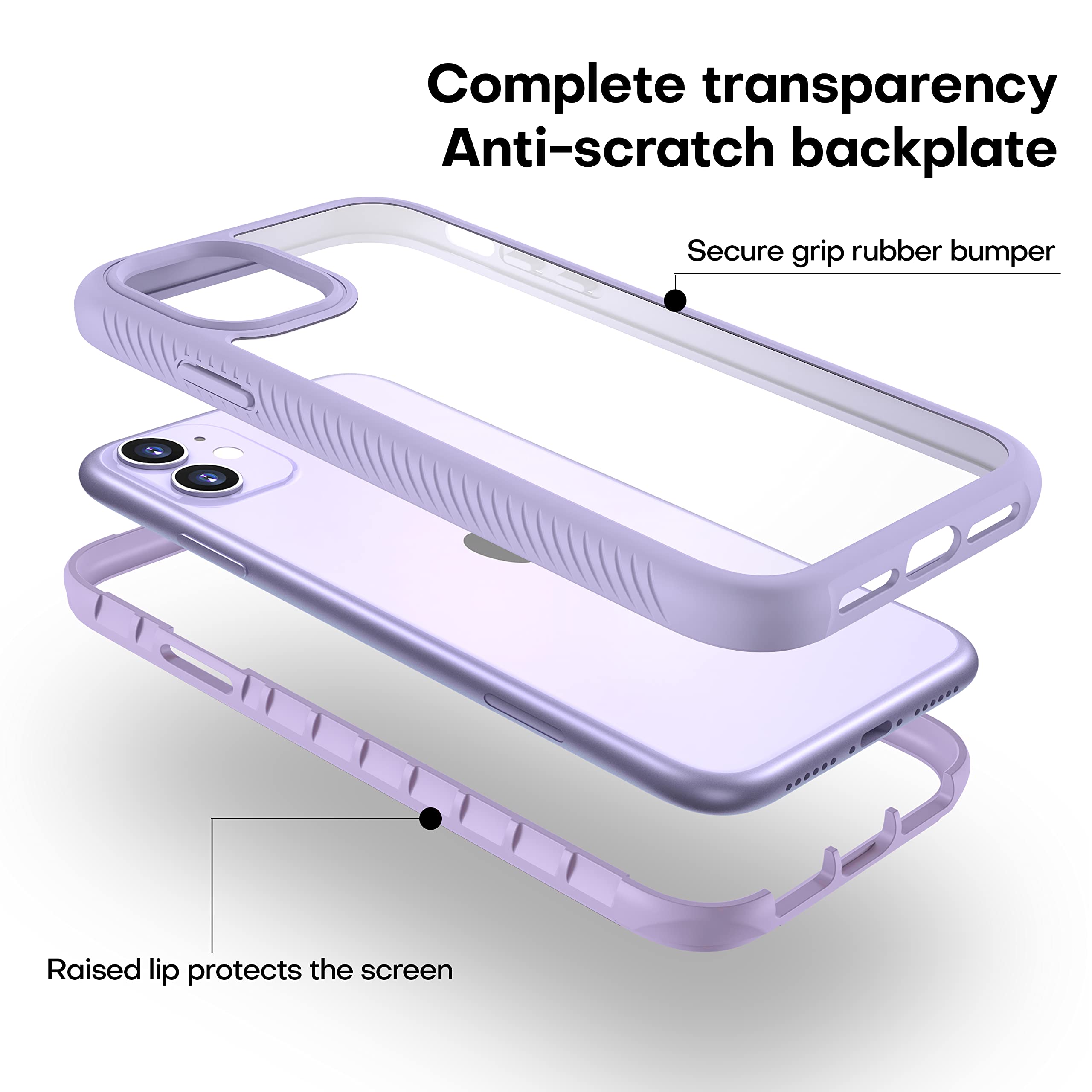 CellEver Clear Full Body Case for iPhone 11, Heavy Duty Protection with Anti-Slip TPU Bumper and [2 Tempered 9H Glass Screen Protectors] Shockproof Transparent Phone Cover 6.1 Inch (Light Purple)