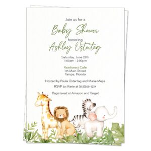 Jungle Animals Baby Shower Invitation Unisex Safari Invites Giraffe Lion Born to Be Wild Elephant Zebra Printed Customized Cards (12 Count)