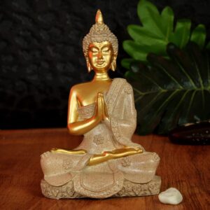 tied ribbons 6.5" buddha statue | resin, golden | buddha decor for living room, zen garden, table decor, feng shui decoration, spiritual décor | buddha statue indoor, buddah gift