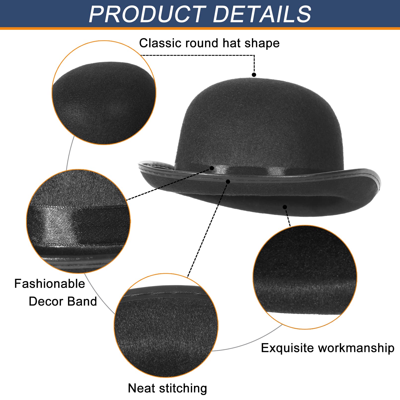 GEMVIE Classic Black Felt Derby Hat Lightweight Bowler Hat Novelty Costume Hat for Party Dress Ups Black