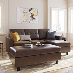 honbay faux leather sectional couch with ottoman sectional sofa set with reversible chaise l shape couch with storage ottoman (brown)