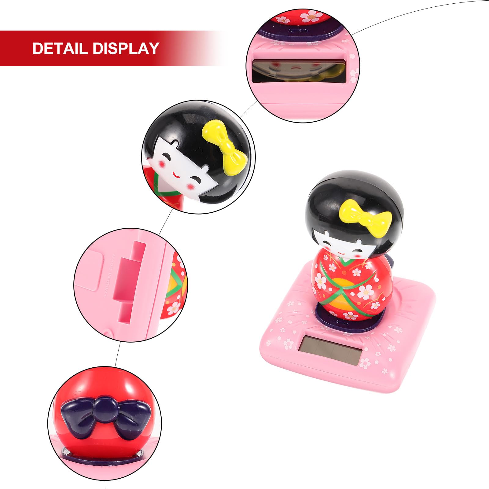 Amosfun Solar Powered Bobble Shaking Head Dancing Toy Japanese Kokeshi Doll Figurines Statues Car Dash Board Decorations Red