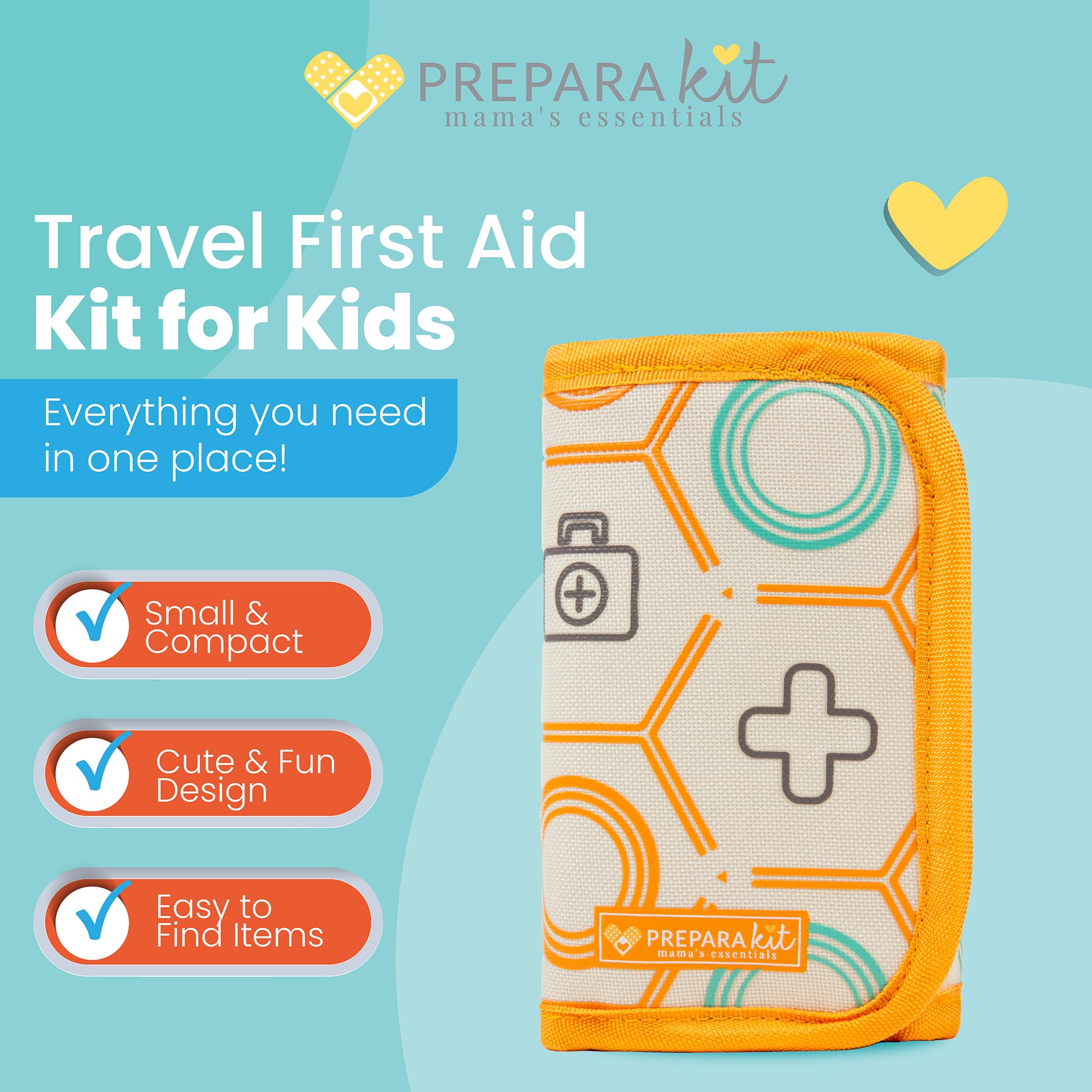 PreparaKit Travel First Aid Kit for Kids - Mini Car, Purse, Backpack, or Diaper Bag 75 Piece Medicine Includes All Essential Medical Supplies TSA-Approved (Orange Crush)