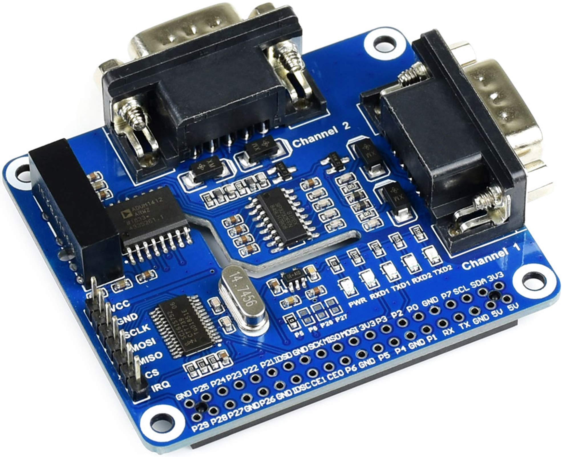 2-Channel Isolated RS232 Expansion HAT for Raspberry Pi 4B/3B+/3B/2B/B+/A+/Zero/Zero W, SC16IS752+SP3232 Dual Chip Convert SPI to RS232 Data Rate up to 921600bps Embed Multi Protection Circuits