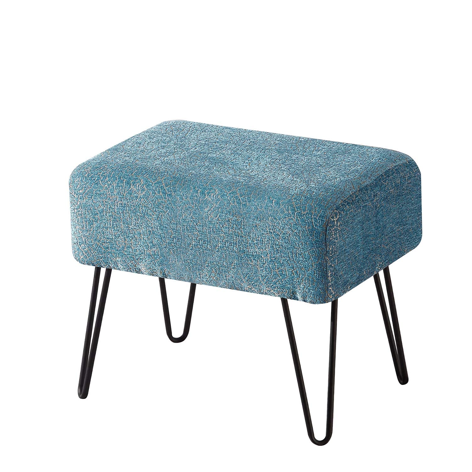 Home Soft Things Blue Jacquard Chenille Ottoman, 19" x 13" x 17" H, Babati-Turquoise, Fuzzy Entry Way Ottoman Bench Living Room Bedroom End of Bed Decorative Makeup Stool Foot Rest Chair Home Décor