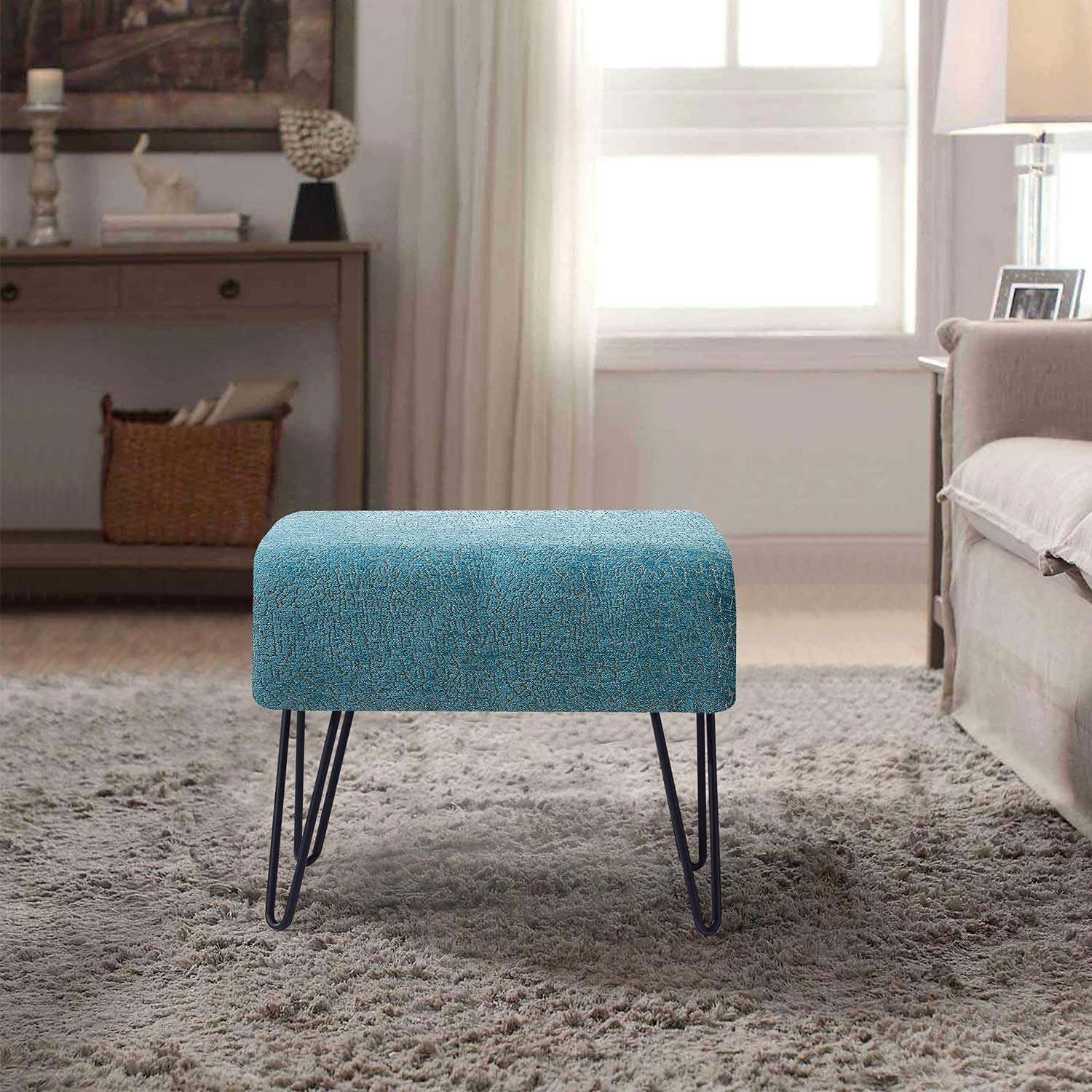 Home Soft Things Blue Jacquard Chenille Ottoman, 19" x 13" x 17" H, Babati-Turquoise, Fuzzy Entry Way Ottoman Bench Living Room Bedroom End of Bed Decorative Makeup Stool Foot Rest Chair Home Décor