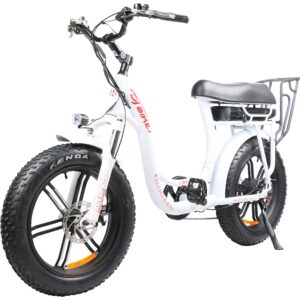 dj super bike step thru 750w 48v 13ah power electric bicycle, pearl white, led bike light, suspension fork and shimano gear