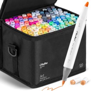 ohuhu alcohol markers brush tip -double tipped art marker set for artist adults coloring illustration - 120 colors- brush & chisel dual tips- honolulu of ohuhu markers- refillable alcohol-based ink
