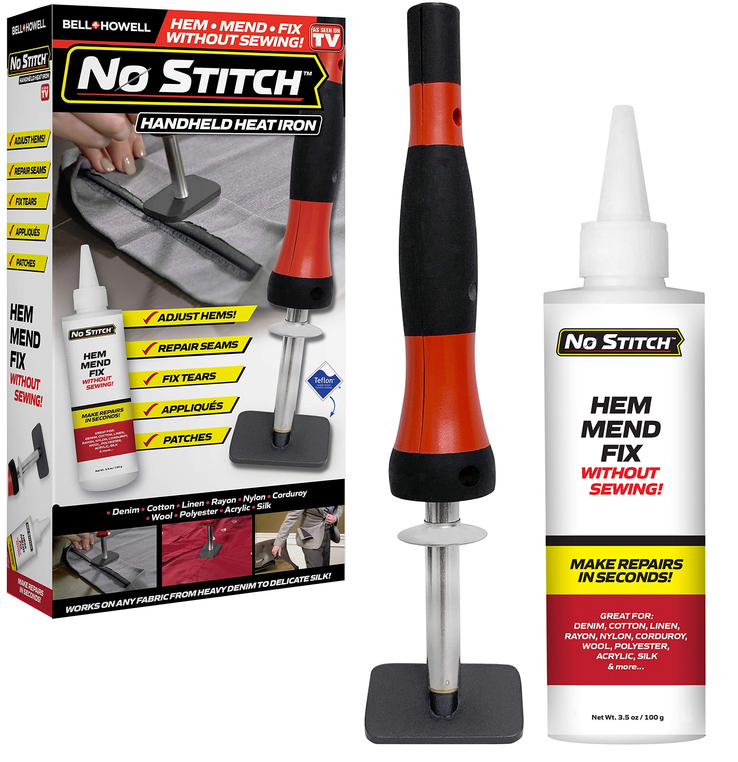 No Stitch Handheld Heat Iron Repair Kit for Fabric - Electric Pressing Wand & Fabric Adhesive Powder Set for Easy Clothing Fixes | Machine Washable | Hemming, Seams, Tears - As Seen On TV