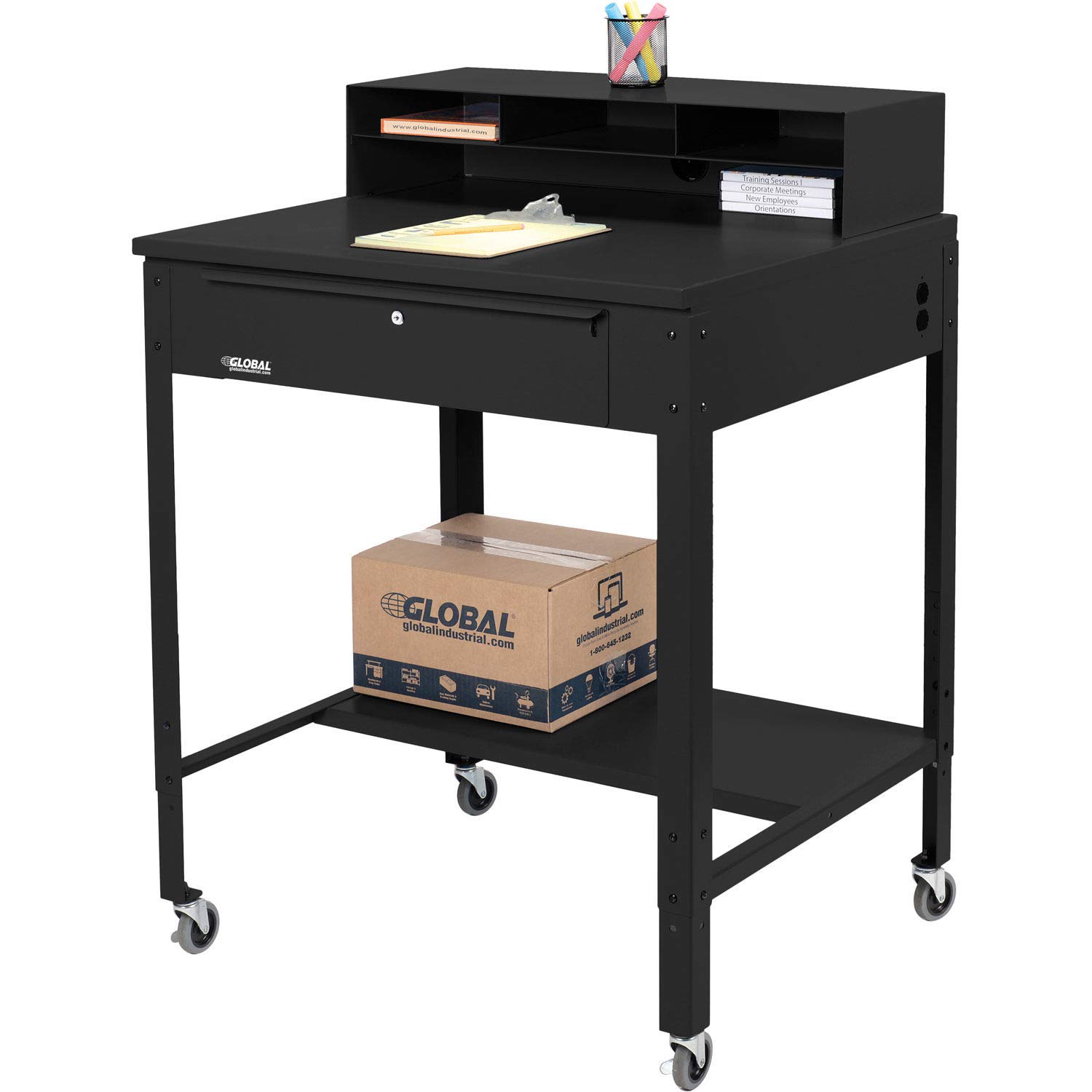 Global Industrial 34-1/2"W x 30" D x 38" H Mobile Shop Desk with Pigeonhole Compartment Riser Flat Surface, Black